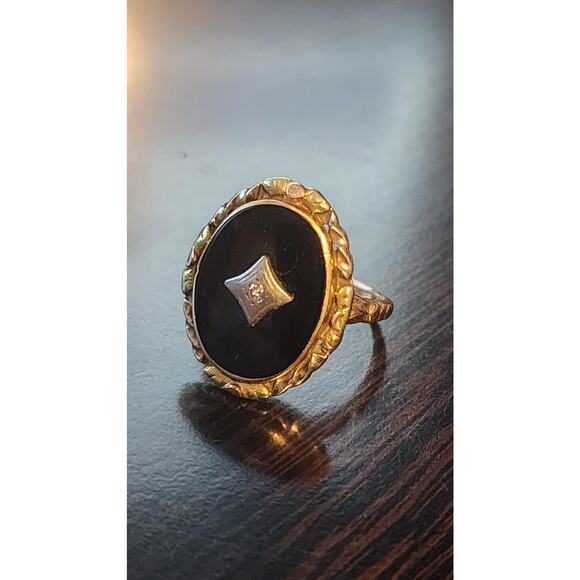 Vintage 10k Gold Oval Onyx and Diamond Ring | Timeless Onyx and Diamond Jewelry - Picture 1 of 5